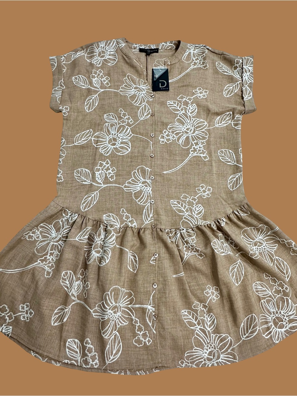 Fred David Taupe Floral Button-Front Casual Dress